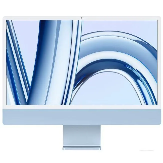 Blue 24-inch iMac all-in-one desktop with matching stand and keyboard