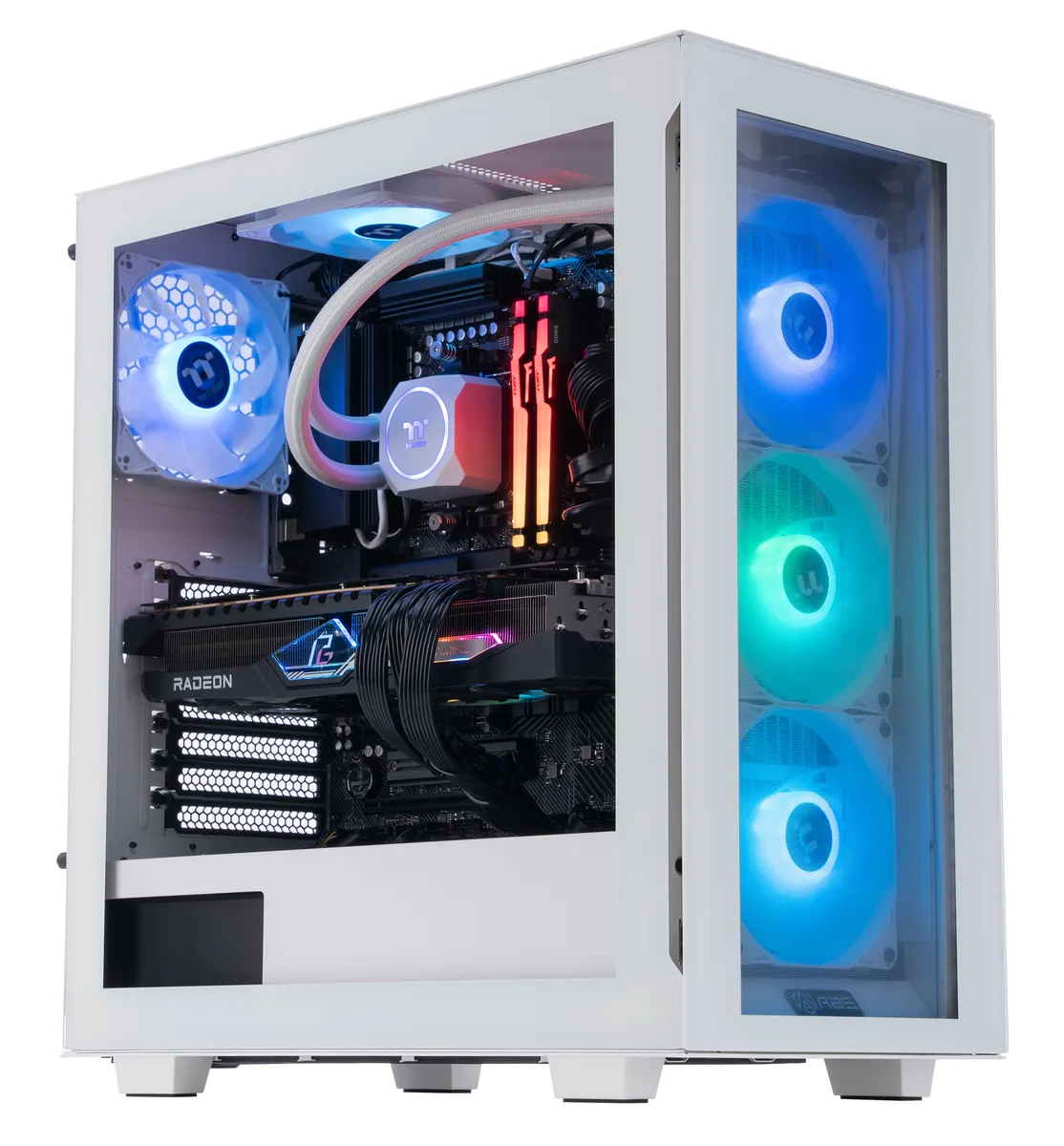 White mid-tower gaming desktop with tempered glass side panel