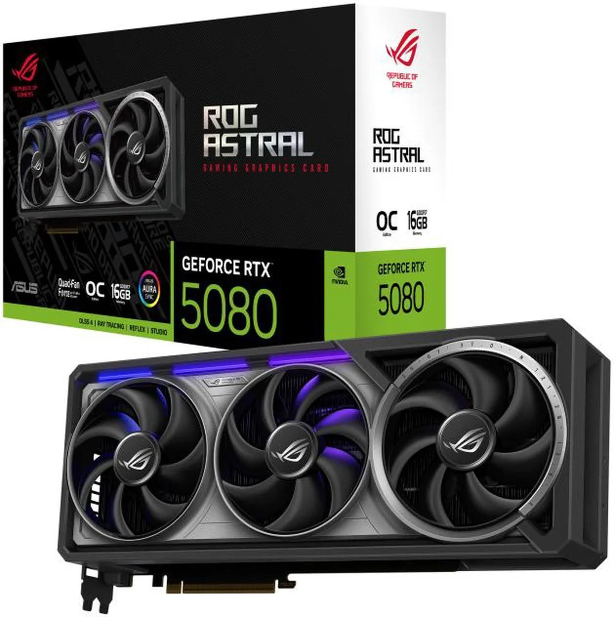 ASUS ROG Astral GeForce RTX 5080 graphics card, triple-slot dark cooler with three axial fans, metal backplate visible