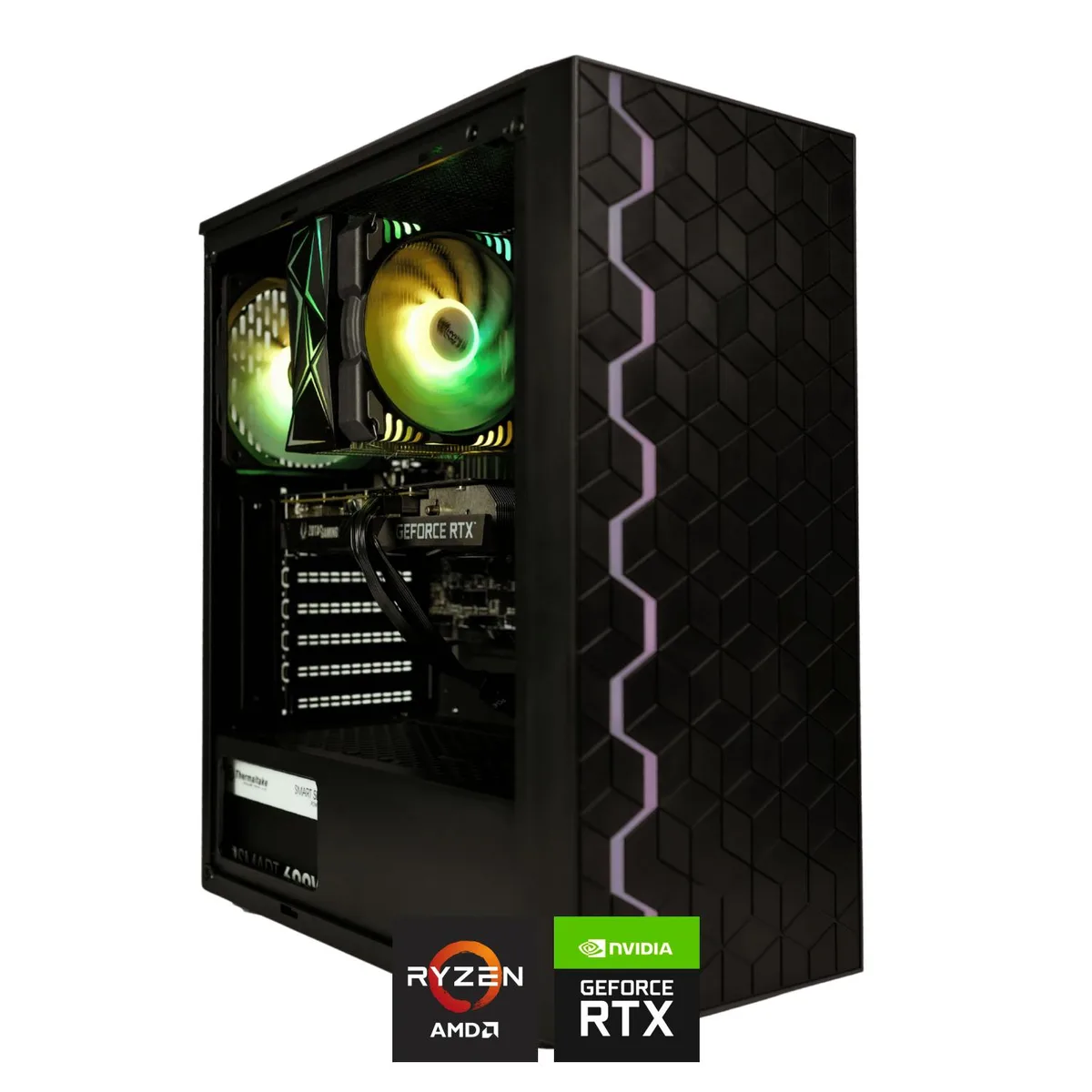 Black mid-tower gaming desktop with tempered glass side panel and RGB lighting