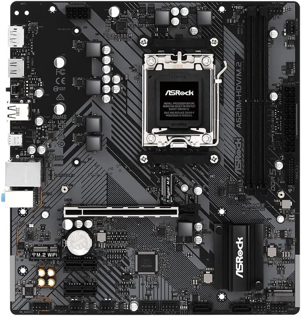 Green micro-ATX board, silver AM5 socket, black DDR5 slots, PCIe x16 slot, two M.2 sockets, HDMI and DisplayPort, SATA ports