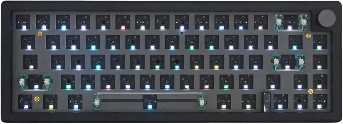 Compact black 65 percent mechanical keyboard kit with 66 keys and a rotary knob
