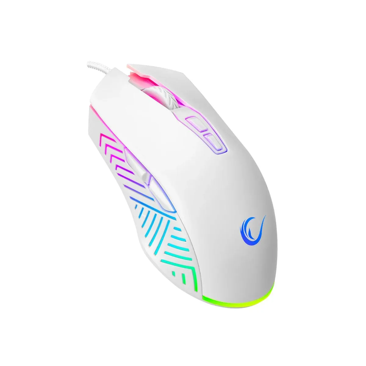 White wired gaming mouse with RGB lighting, ergonomic right-hand shape, six buttons visible