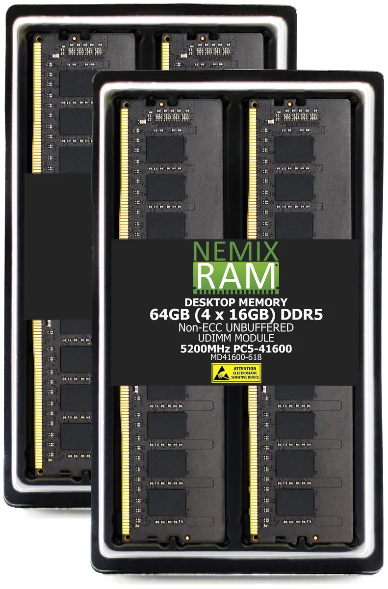 Four green DDR5 memory modules with black heat spreaders and gold contacts