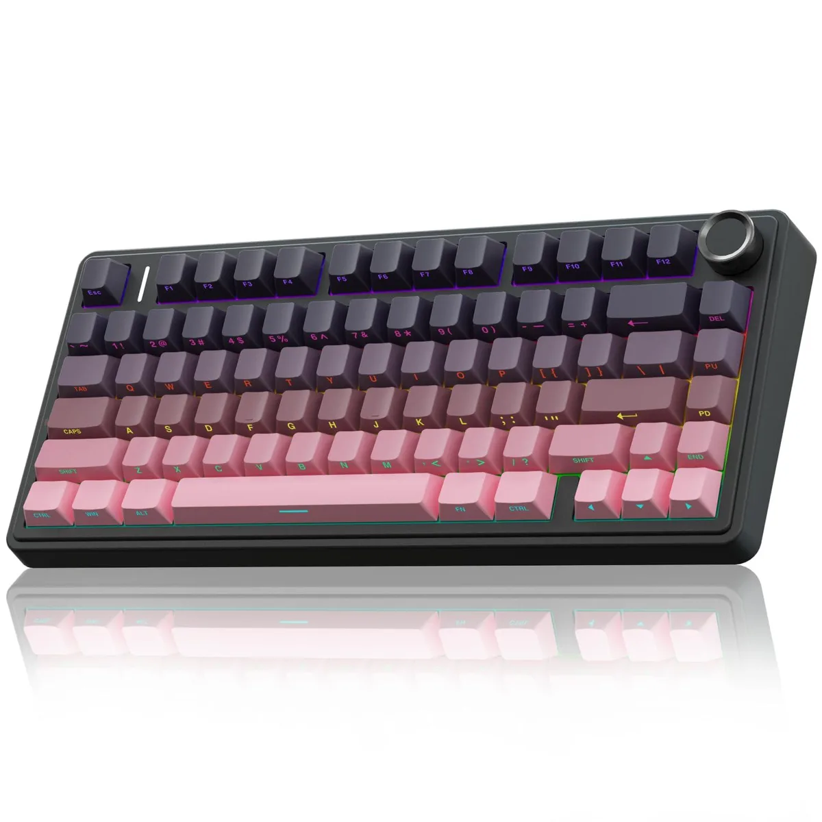 Pink and black 75% wireless mechanical keyboard with rotary knob