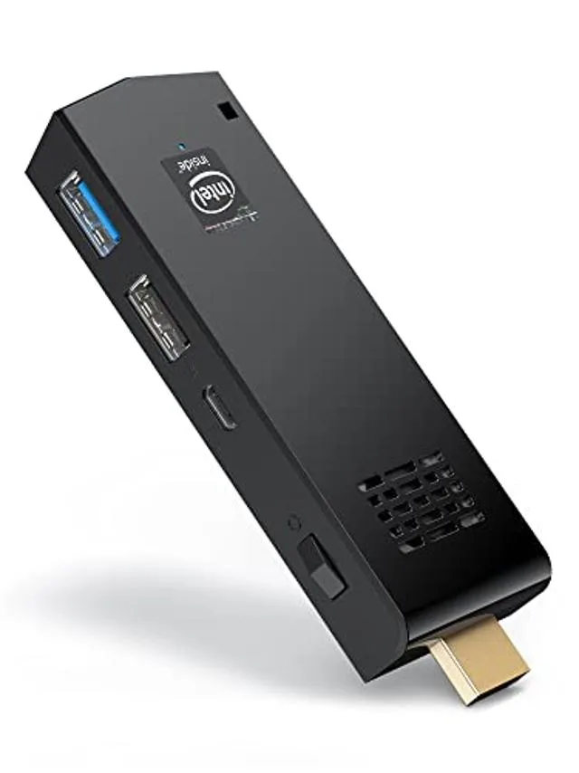 Small rectangular stick PC with matte black finish and HDMI connector