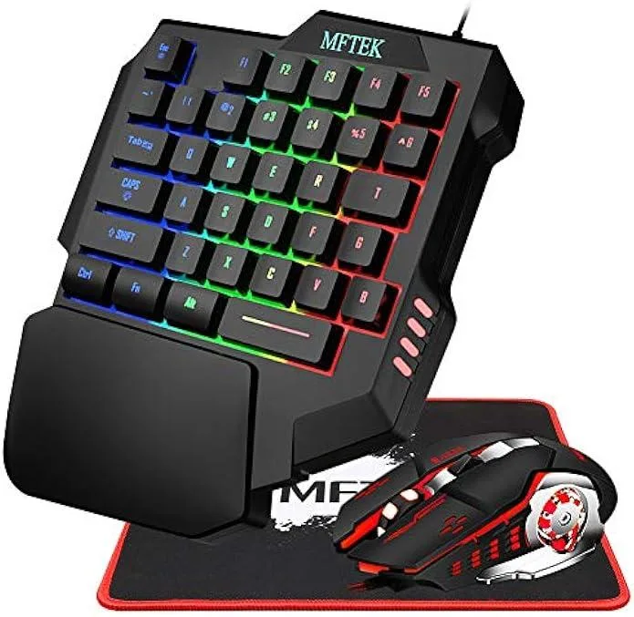 Compact 35-key one-hand keyboard with wrist rest, rainbow backlit keys and matching mouse