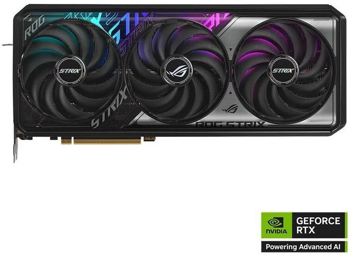 Silver triple-fan graphics card with angular shroud and backplate