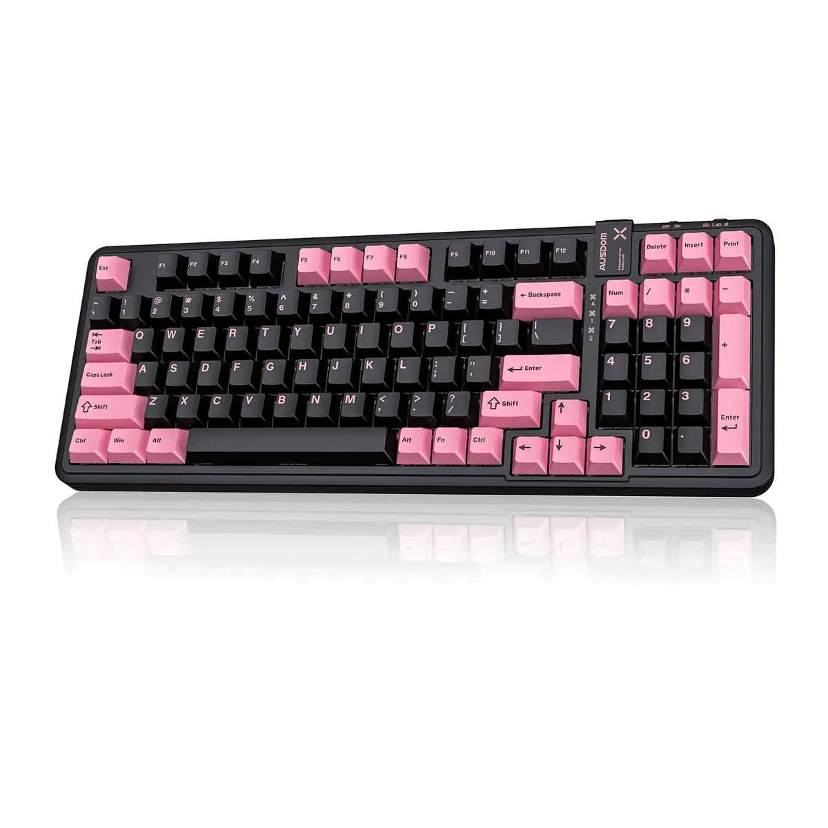 Black and pink wireless mechanical keyboard, 97 keys, PBT keycaps, compact layout