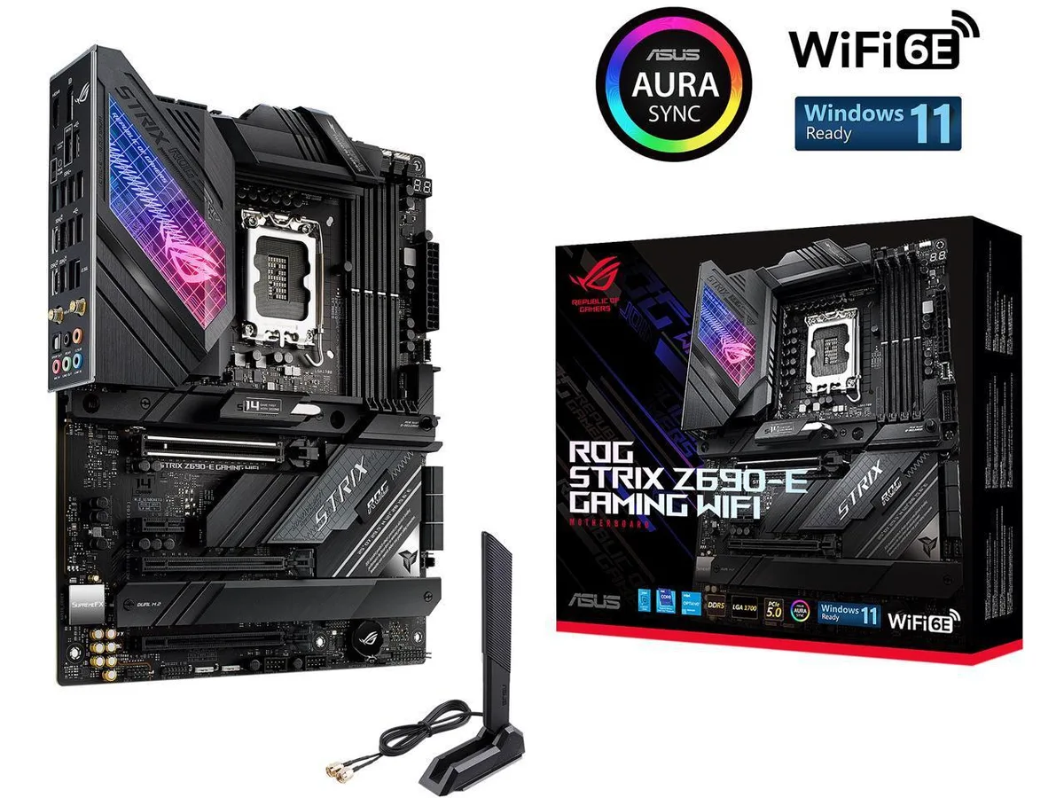 ATX motherboard in dark finish with illuminated acrylic panel and RGB lighting