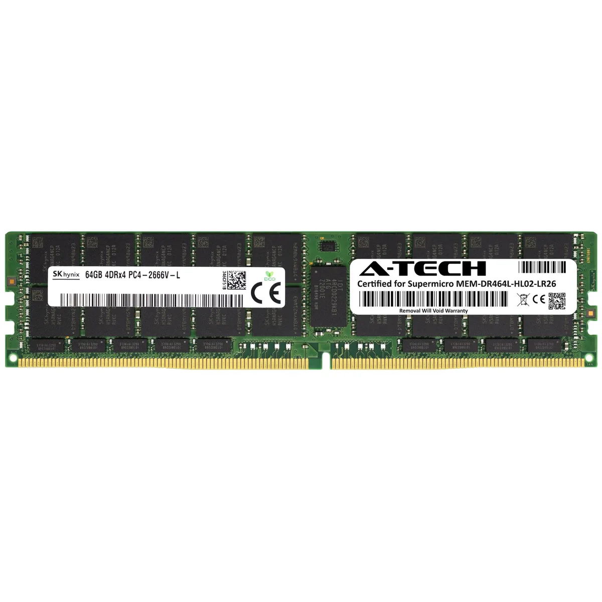 Green rectangular server memory module with gold contacts and black chips on both sides