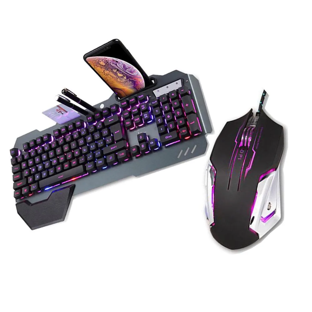 Black full-size wired gaming keyboard with RGB backlight, magnetic wrist rest, phone holder and matching mouse