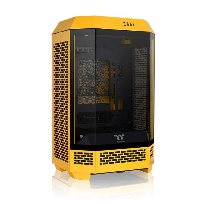 Yellow and black Micro-ATX tower case with three tempered glass panels and two top-mounted 140mm fans