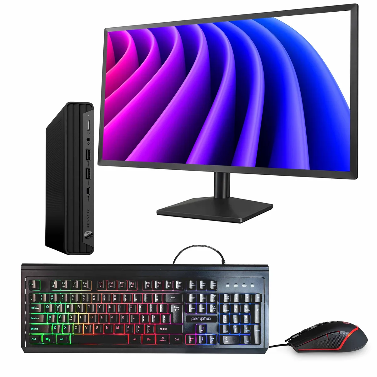 Compact black mini desktop tower beside a 24-inch monitor