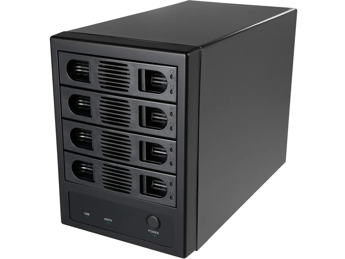 Black four-bay 3.5-inch SATA drive enclosure with cooling fan