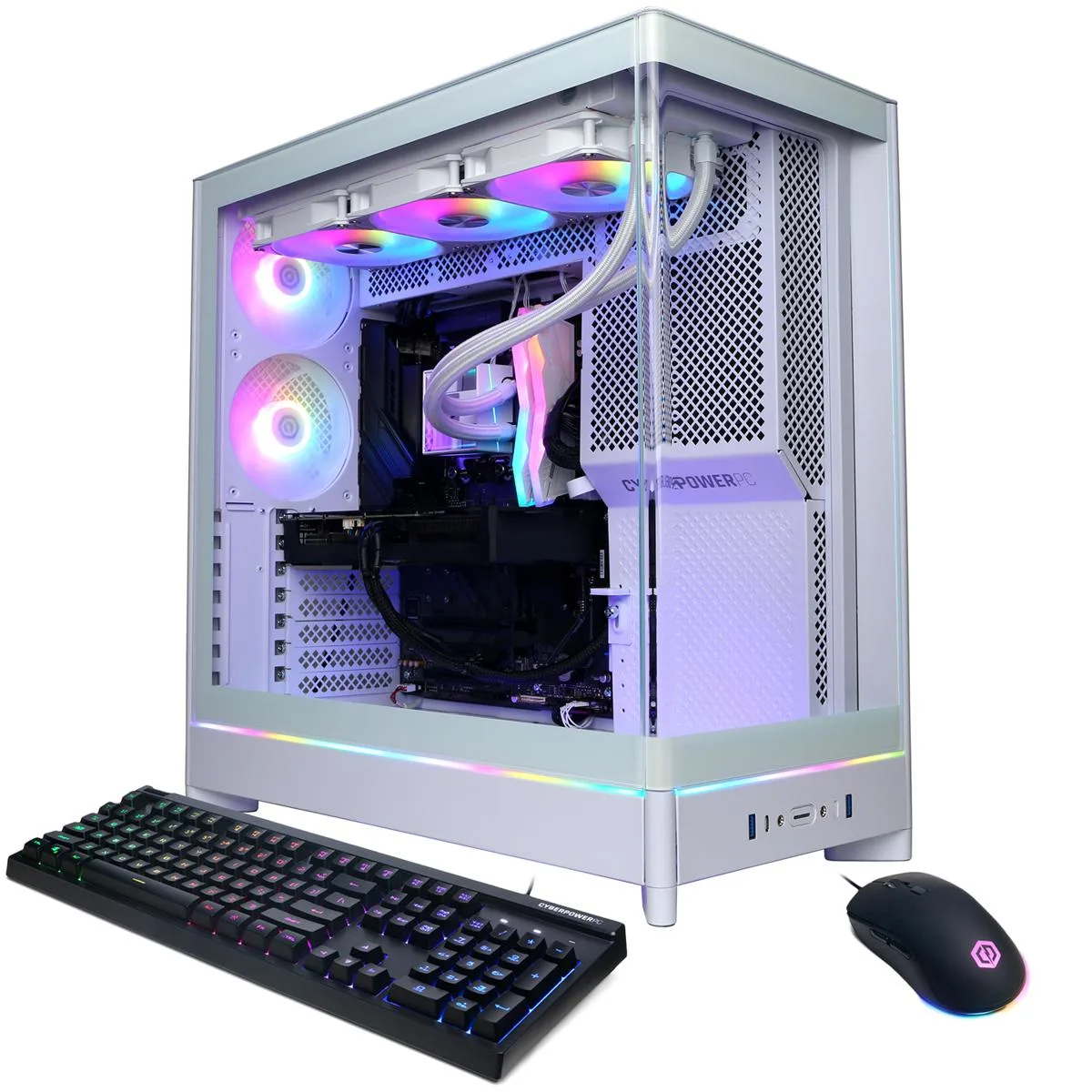 Black mid-tower gaming desktop with RGB lighting and tempered glass side panel
