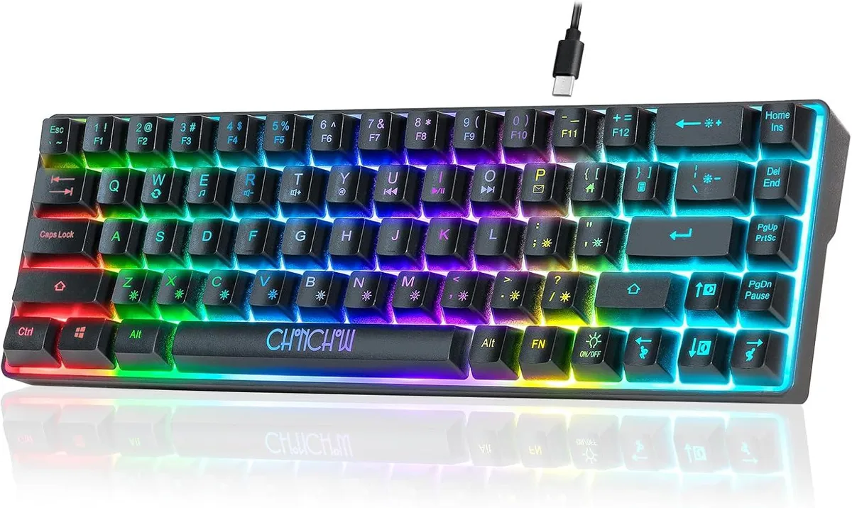 Compact 68-key RGB gaming keyboard, dark chassis, detachable USB-C cable, 10 lighting effects