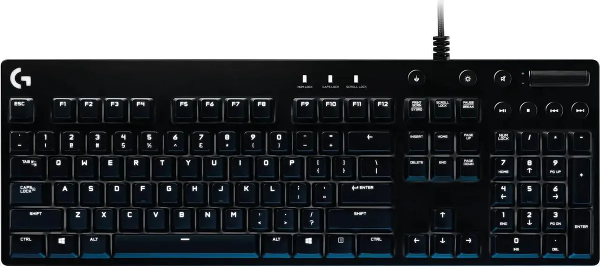 Black full-size mechanical gaming keyboard with white LED backlighting and braided cable
