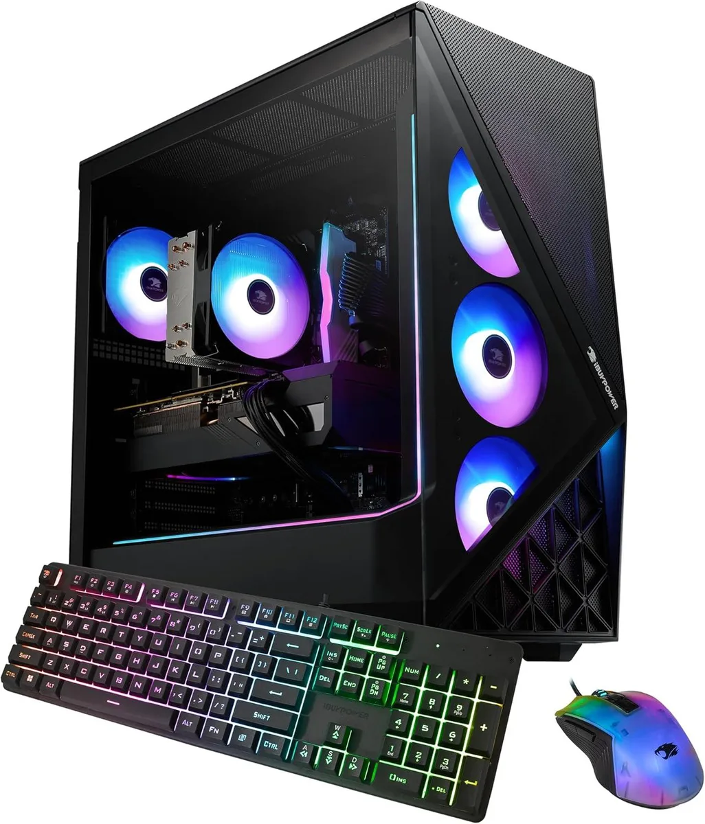 Black mid-tower gaming desktop with RGB lighting visible through side panel