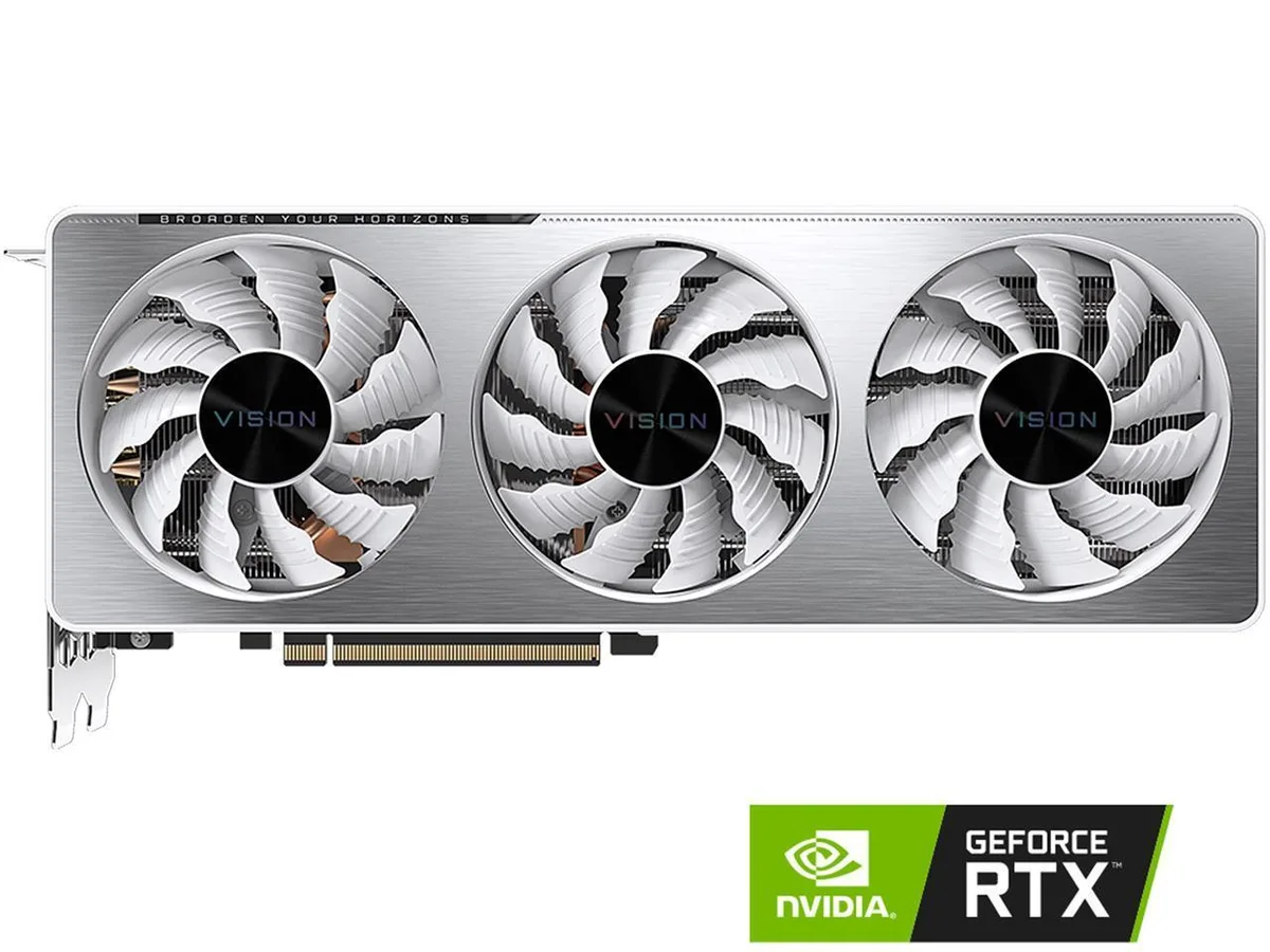 Silver triple-fan graphics card with white accents and metal backplate