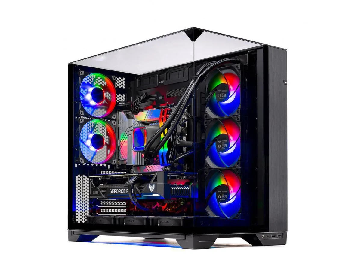 Black mid-tower case with tempered glass side panel, visible AIO liquid cooler and RGB lighting