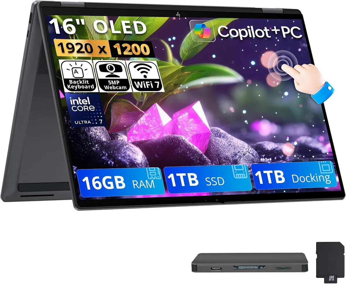 HP HP OmniBook X Flip 16.0" 2K OLED 2-in-1 Core Ultra 7 355 16GB LPDDR5x 1TB SSD + 1TB Dock Gray — ภาพสินค้า