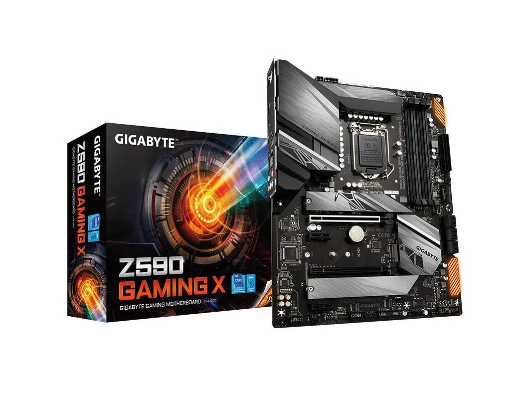 Black ATX motherboard with silver heatsinks and four DDR4 slots