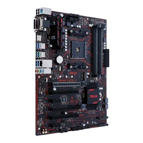 ATX motherboard with silver heatsinks black PCB and rear I/O panel