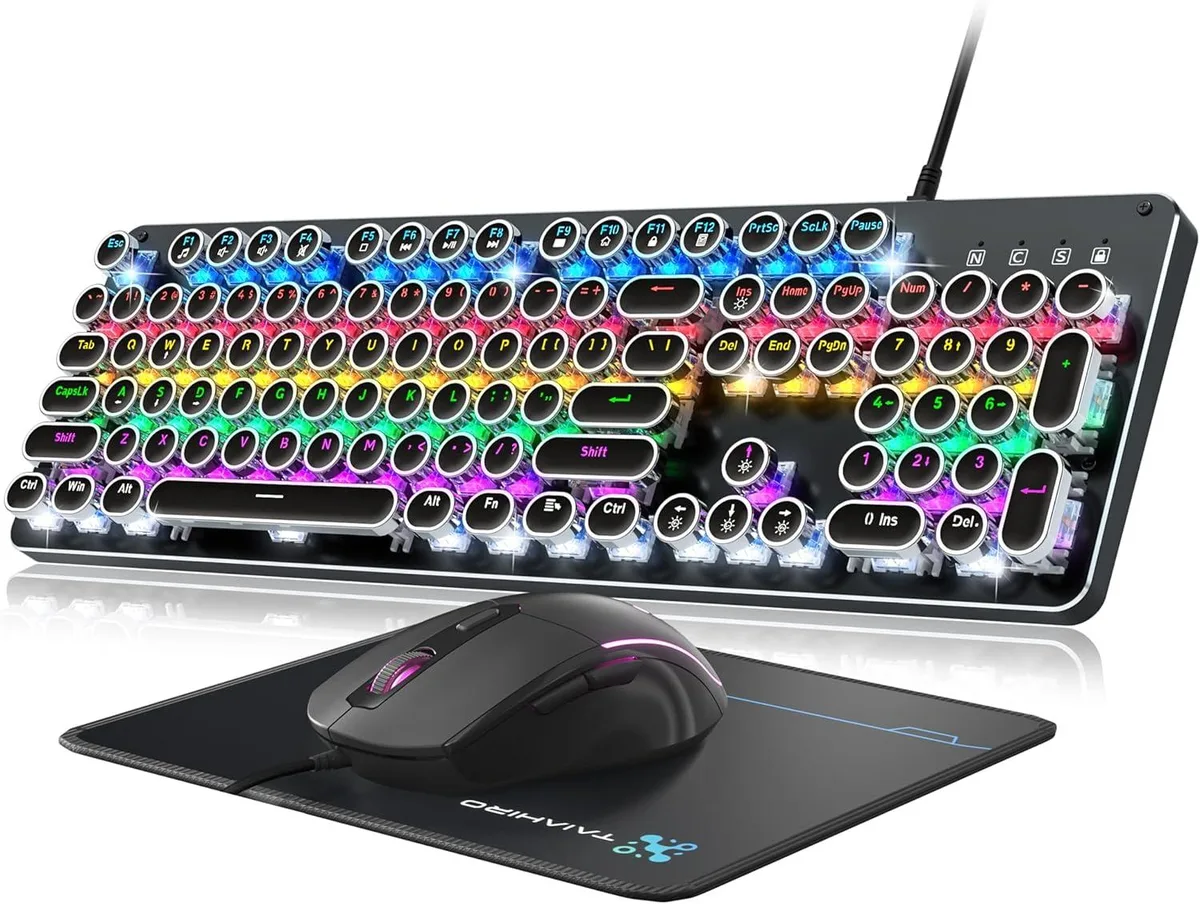 TUKO TUKO Typewriter Mechanical Gaming Keyboard Blue Switch 104-Key Rainbow LED 11 Modes — product photo