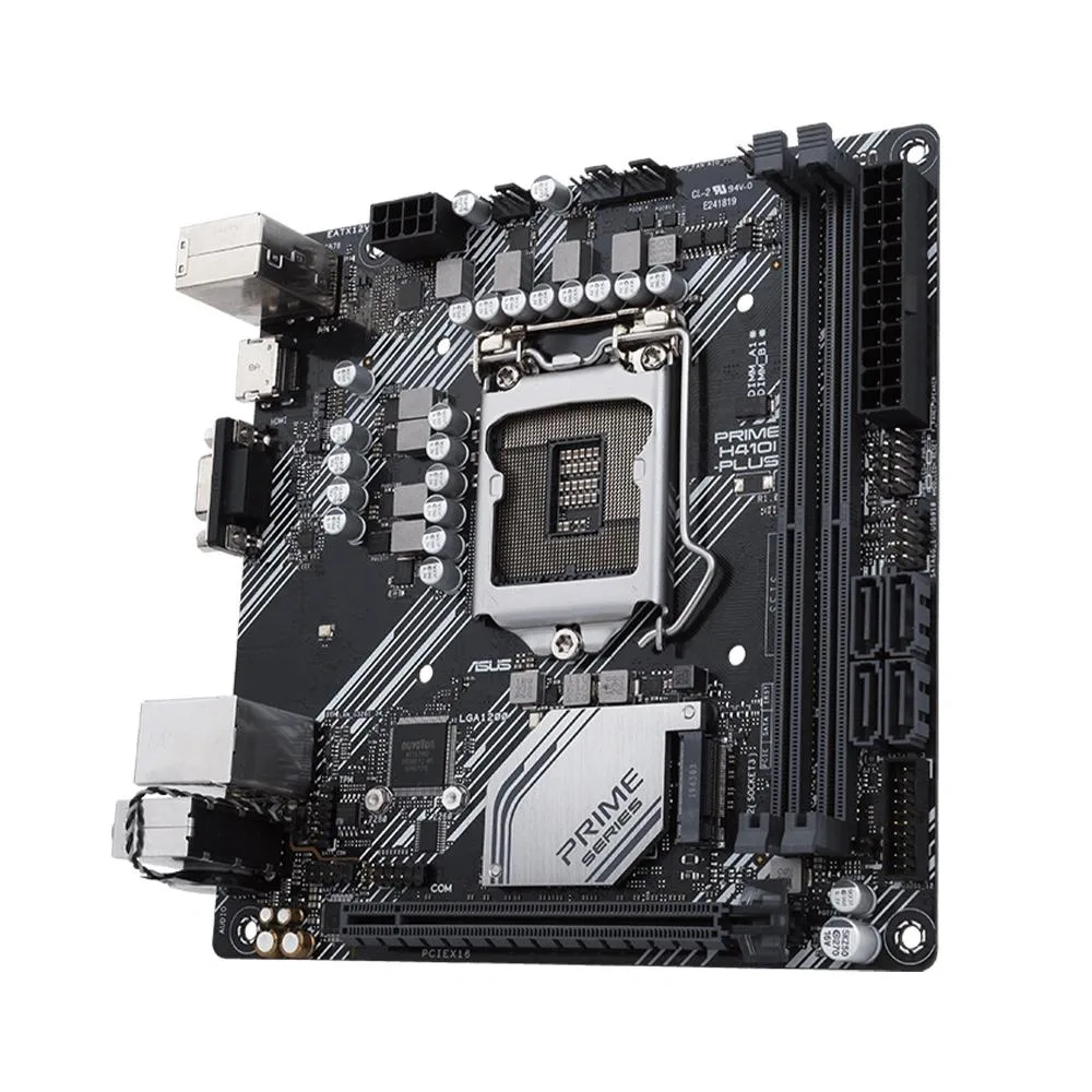 Green Mini-ITX motherboard with silver CPU socket, black memory slots and rear I/O shield