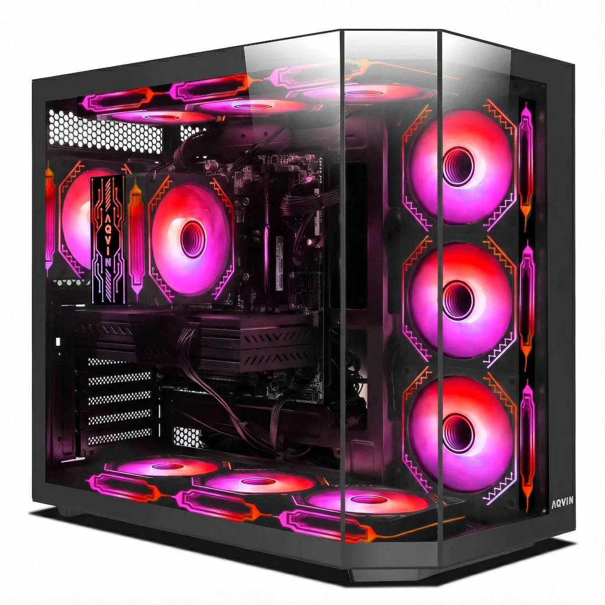 Black tower gaming desktop with RGB keyboard and mouse