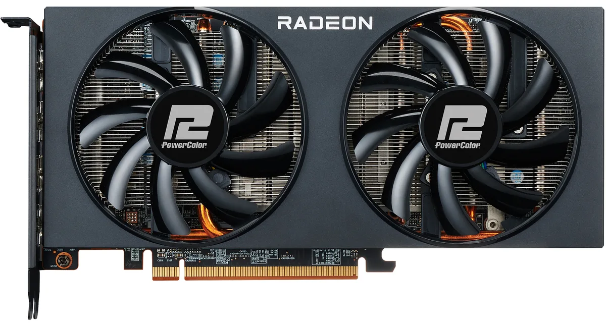 PowerColor Fighter Radeon RX 6700 XT graphics card, dual-fan cooler, matte black finish, two-slot ATX form factor