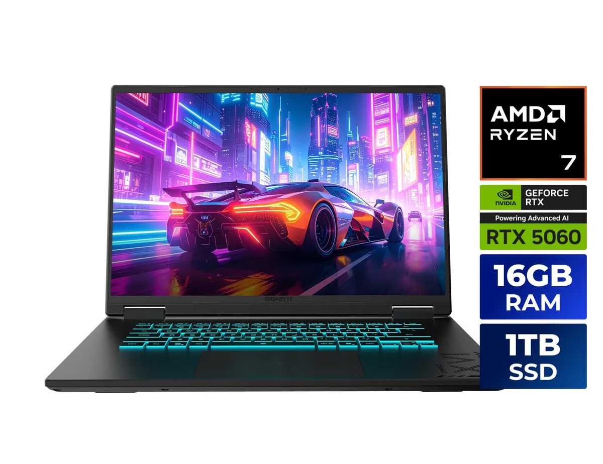 Black Steel thin-and-light gaming laptop with 16-inch screen, 14.11 by 10.33 inches, .77 to .91 inches thick