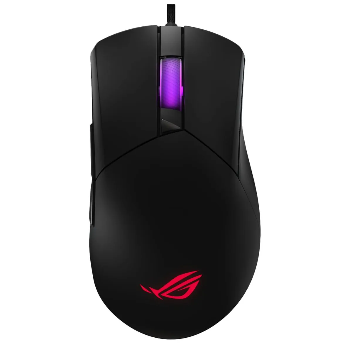 Black right-handed ergonomic gaming mouse with RGB lighting, paracord cable and PTFE feet