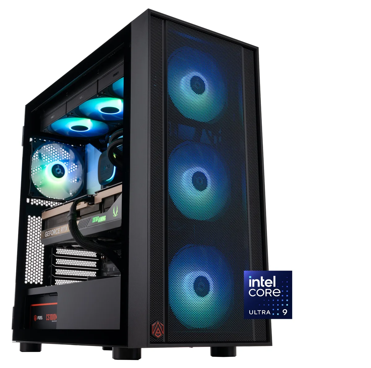 Black mid-tower gaming desktop with side glass panel and RGB lighting