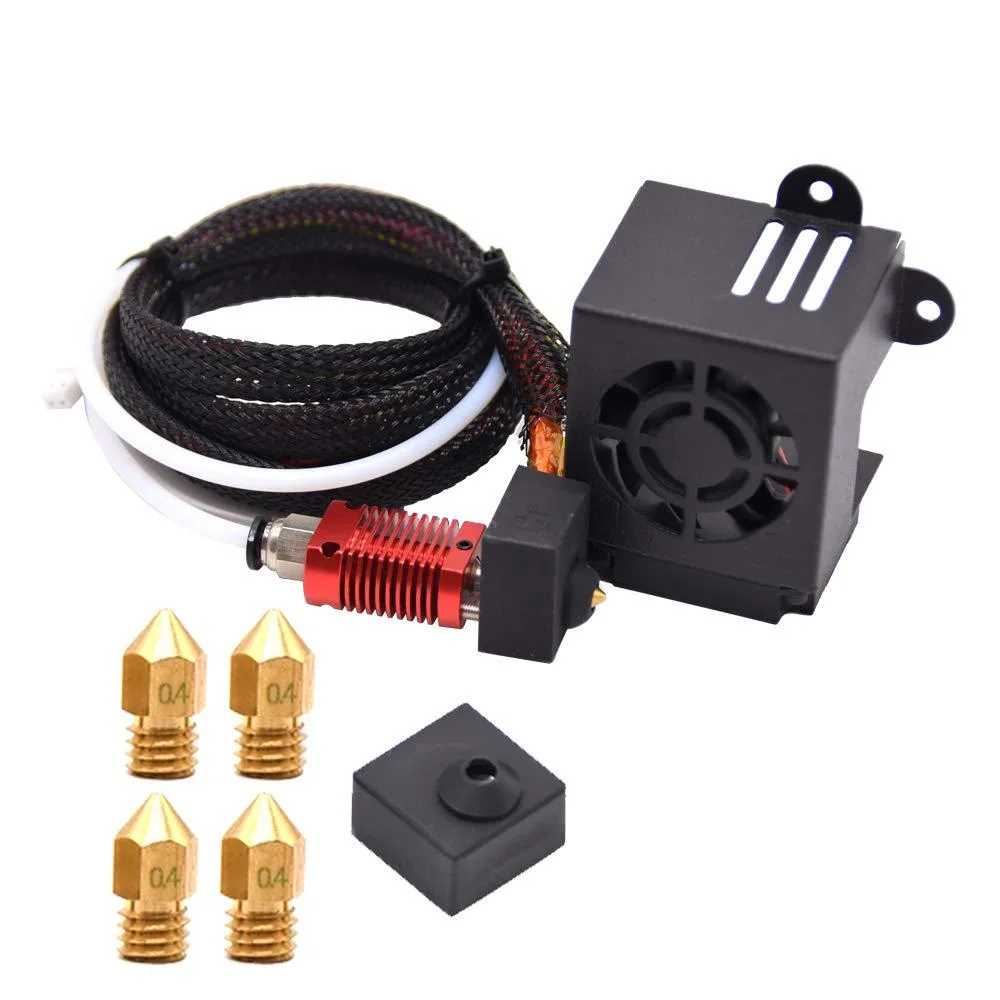 Fully assembled MK8 hotend with dual 4010 fans, aluminum block, stainless throat, brass .4mm nozzle, black silicone sock
