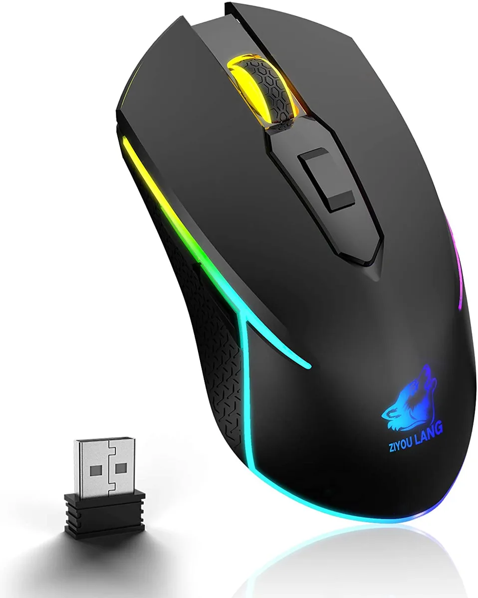 Black ergonomic wireless gaming mouse with six buttons and RGB backlight
