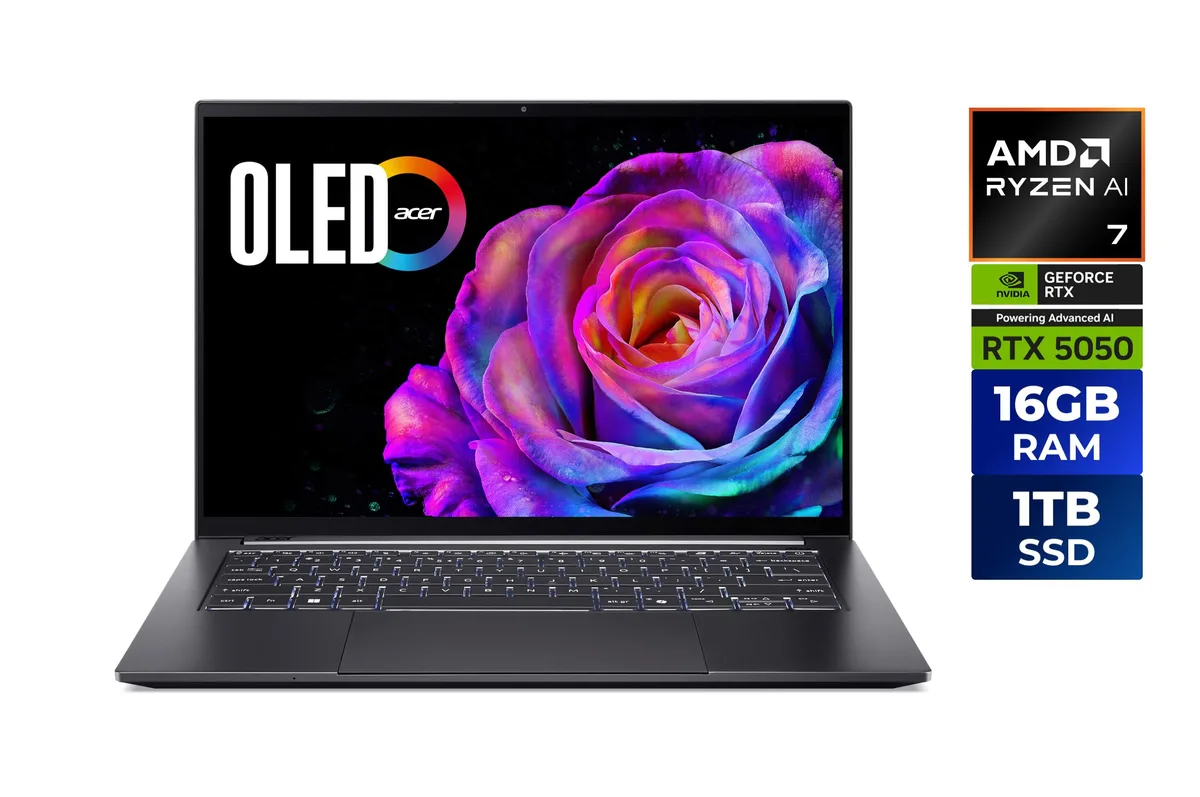 Titanium Gray 14.5-inch OLED touchscreen laptop, slim clamshell form factor