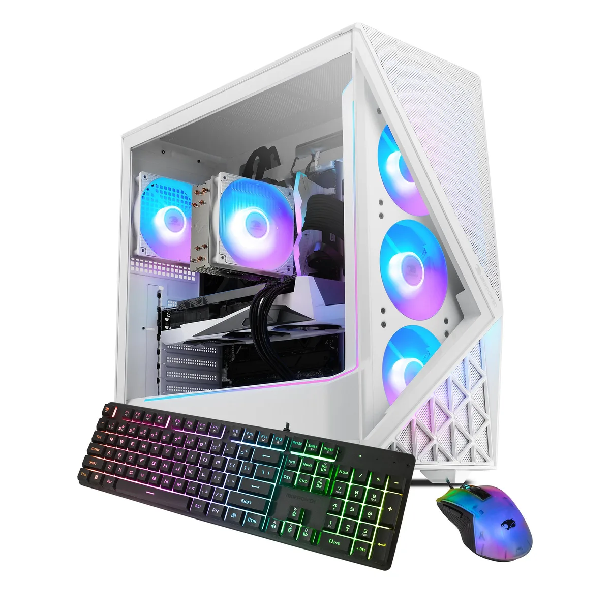 White mid-tower gaming desktop with RGB lighting
