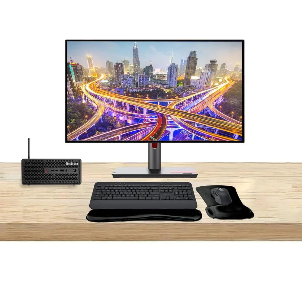Compact black SFF tower, dual 27-inch QHD monitors, graphite wireless keyboard and mouse with gel wrist pad