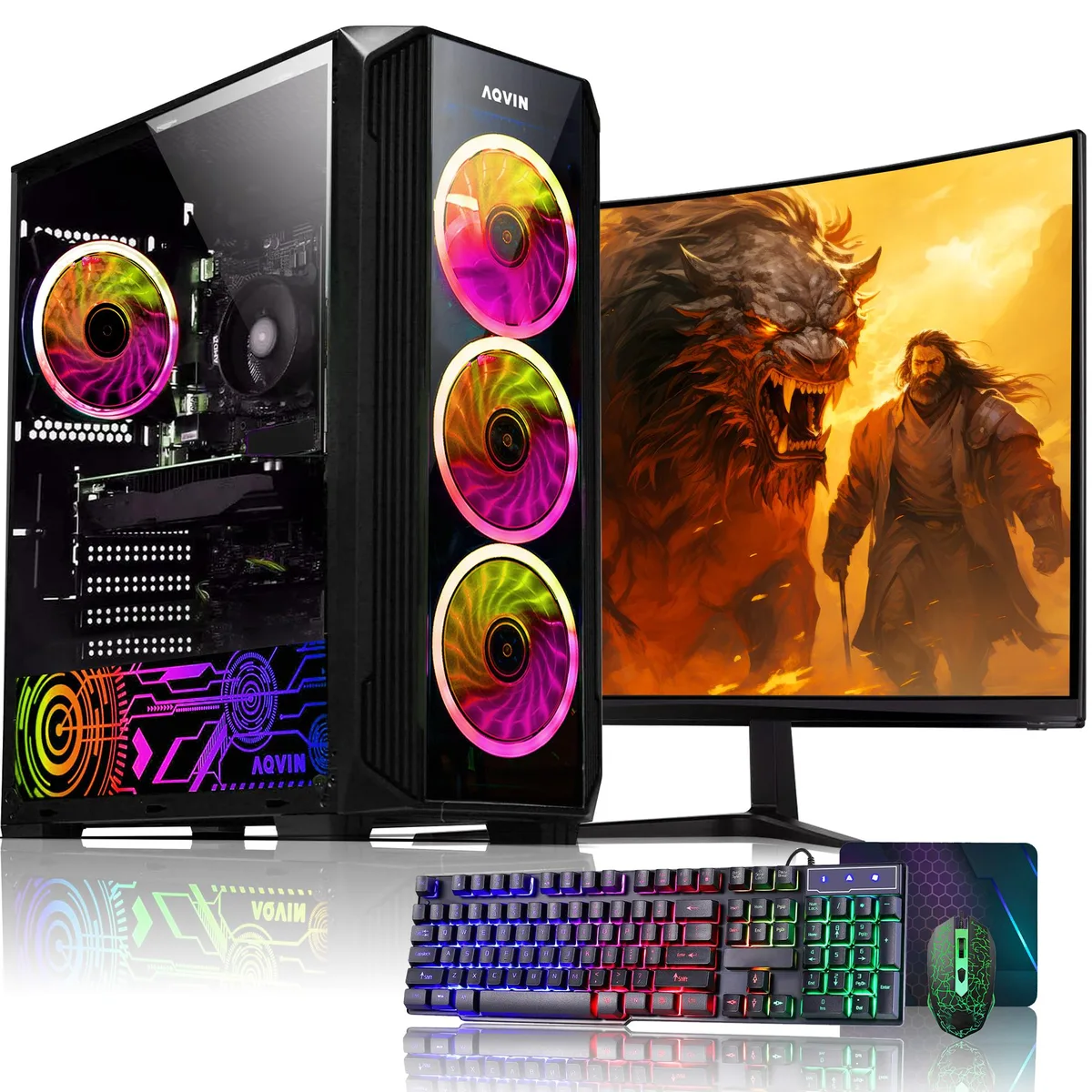 Black tower PC with side window, 27-inch curved monitor, RGB keyboard and mouse