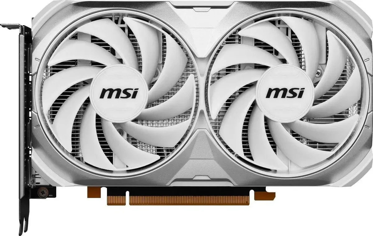 White dual-fan graphics card with silver accents and backplate