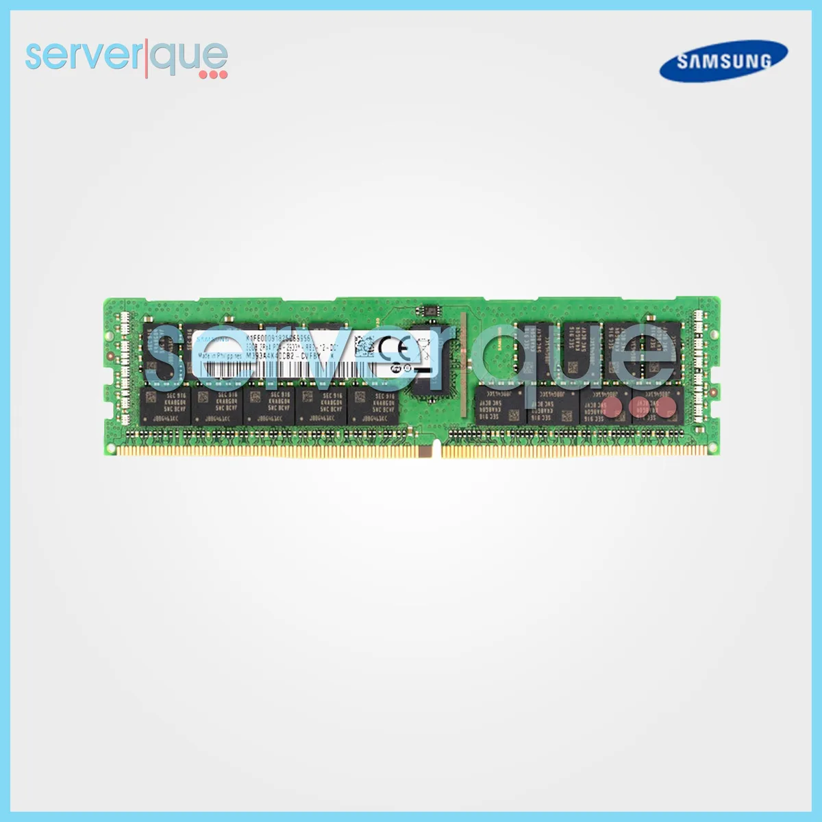 Green Samsung DDR4 RDIMM module with black chips and gold contacts