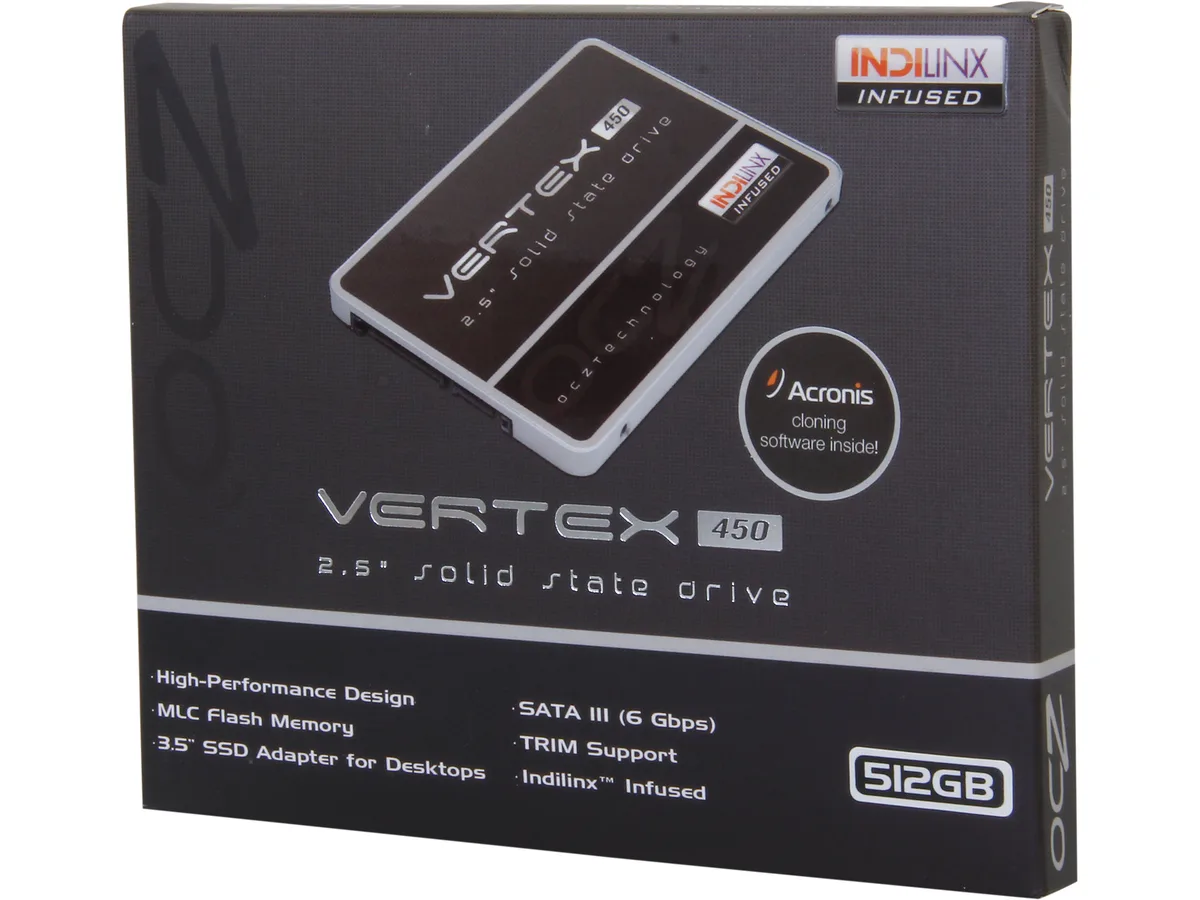 Black 2.5 inch SATA SSD with silver label and gold connector pins
