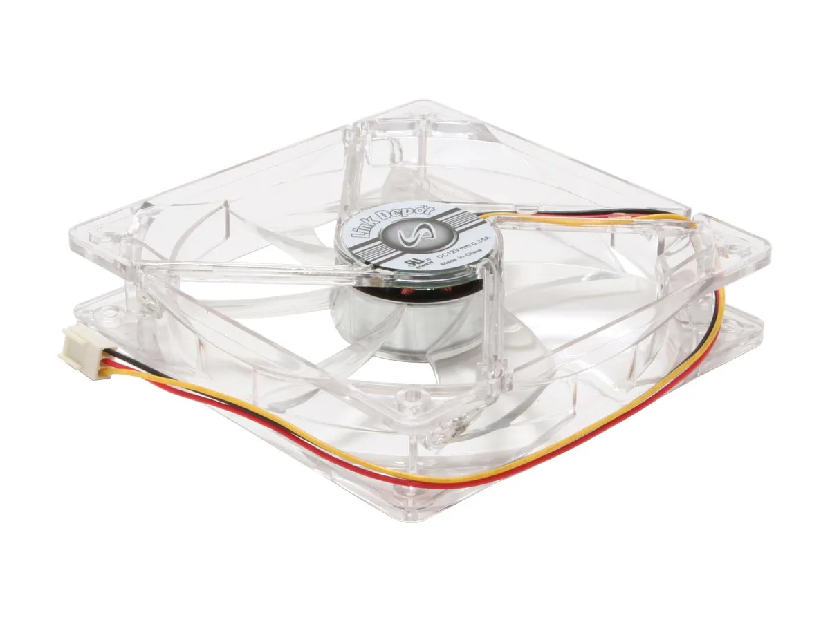 Transparent square 120mm frame with four blue LEDs visible through the blades