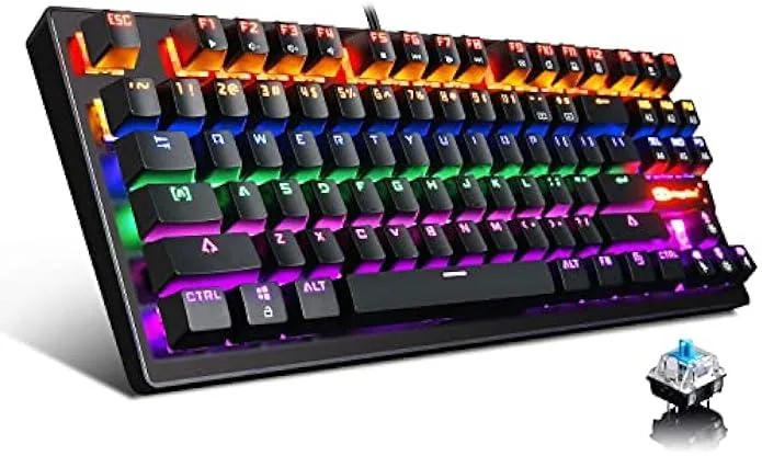 Compact black tenkeyless mechanical keyboard with blue switches and blue LED backlighting