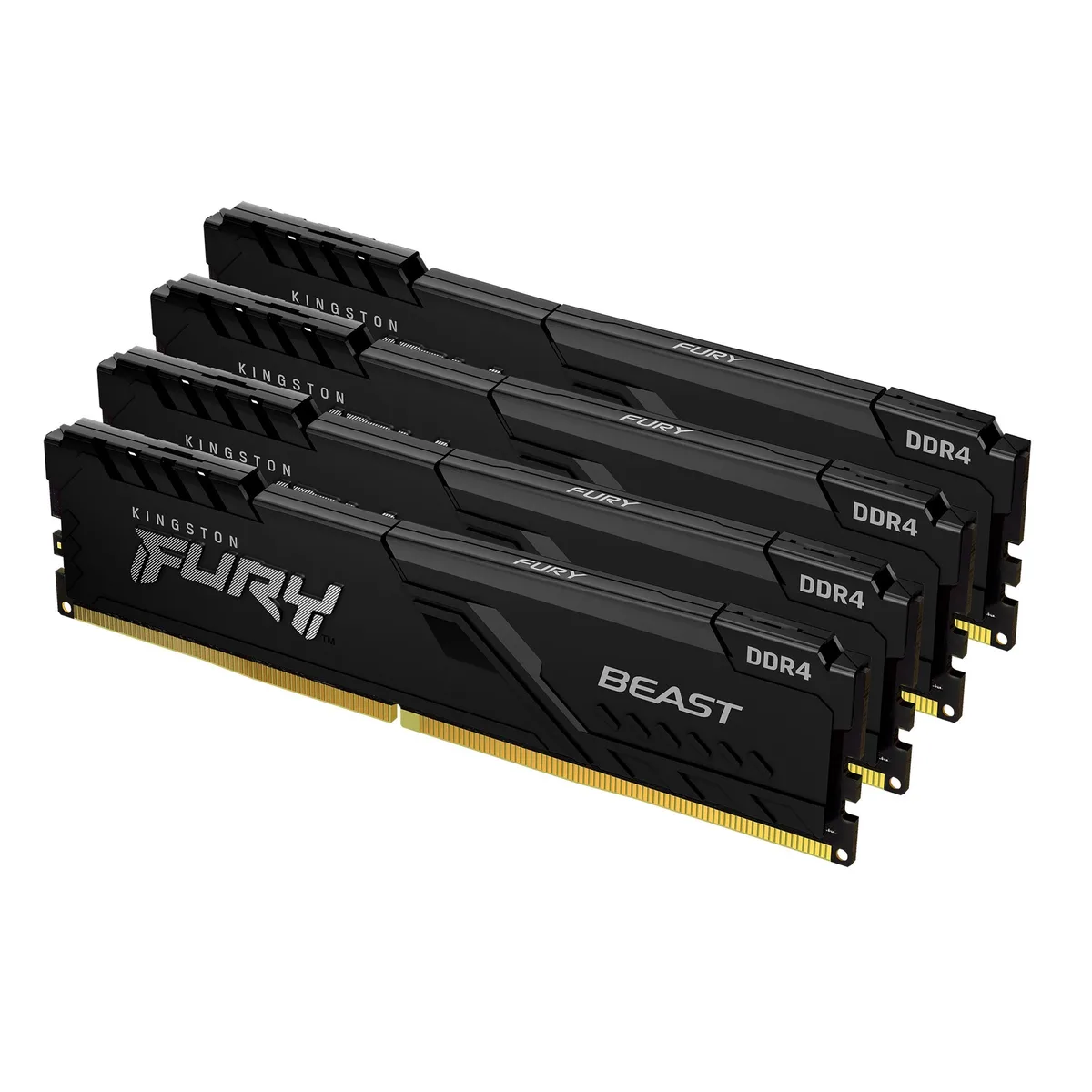 Four black DDR4 memory sticks in a quad kit