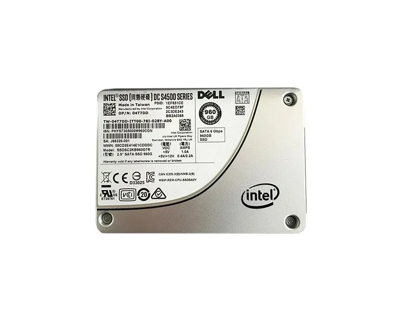Silver rectangular 2.5-inch SATA SSD with black label Intel DC S4500 960GB