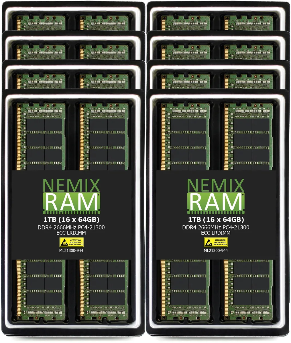 Sixteen green DDR4 LRDIMM sticks with black chips in a row