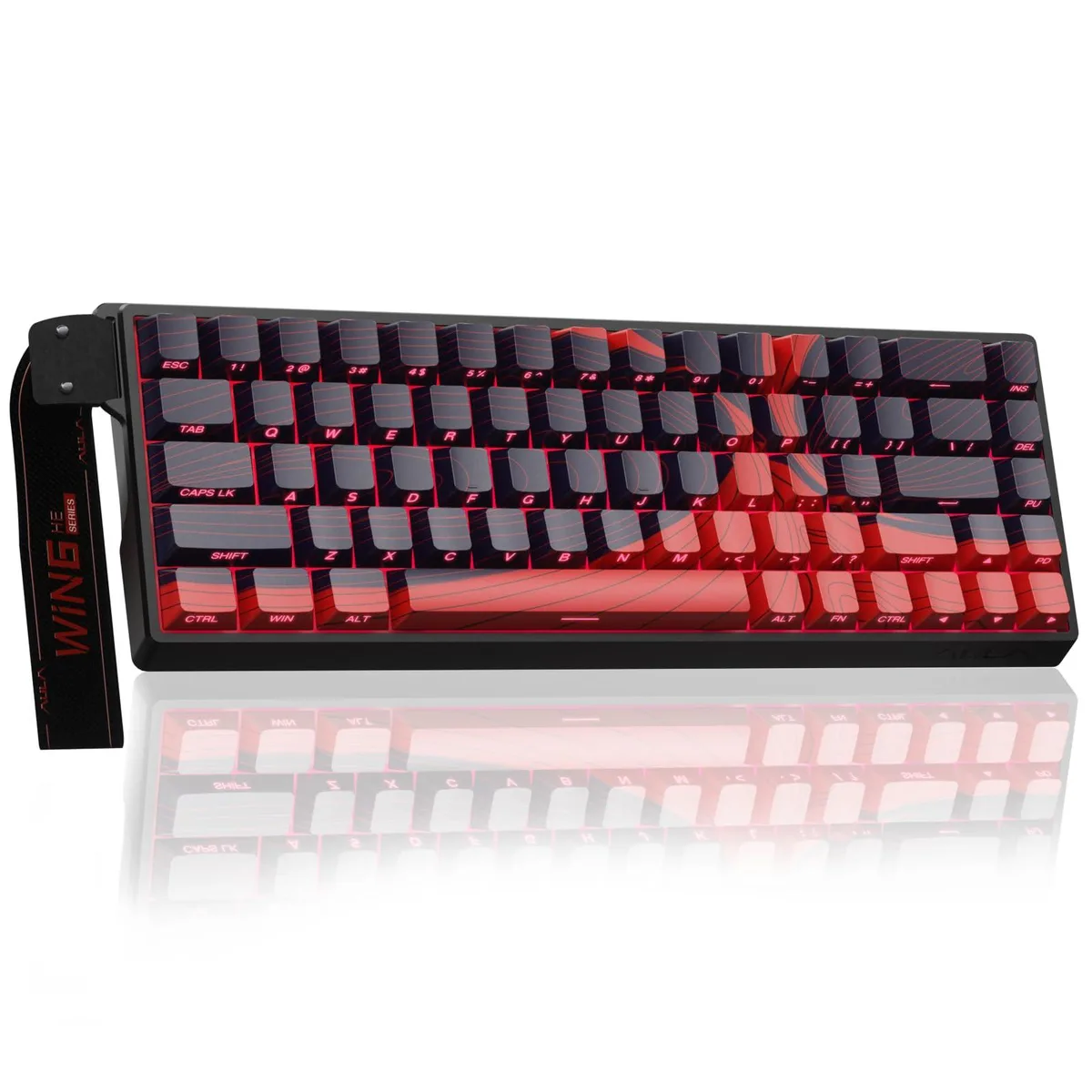 Compact 60 percent keyboard in black and red with RGB backlighting and USB-C cable